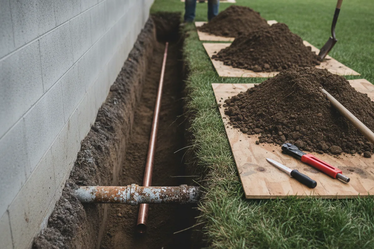Excavated water line trench during Sewer Line Repair in Patterson